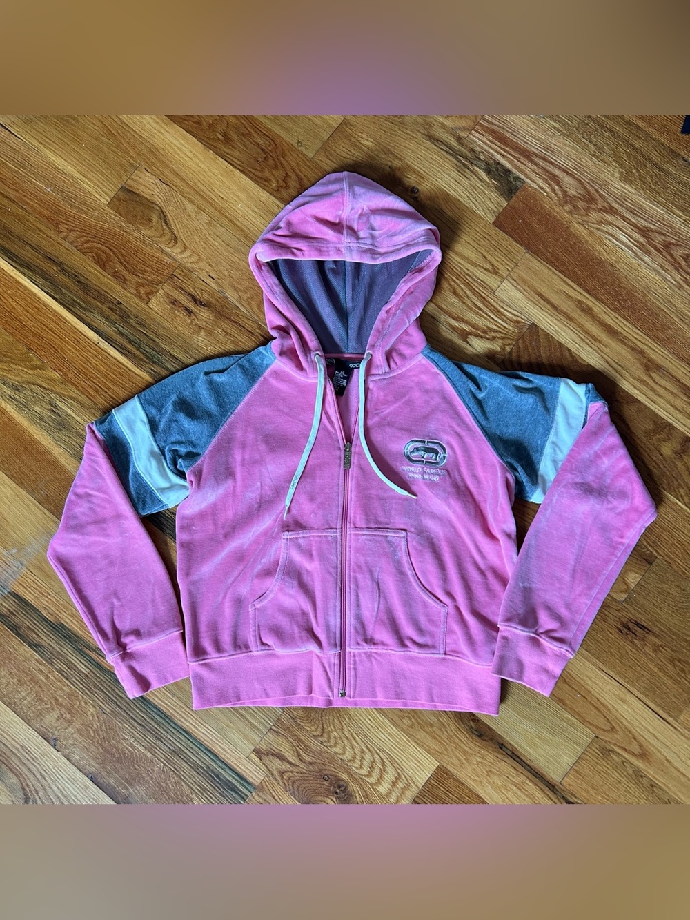 Y2K Ecko Unltd Pink and Grey Velour Zip Up Hoodie